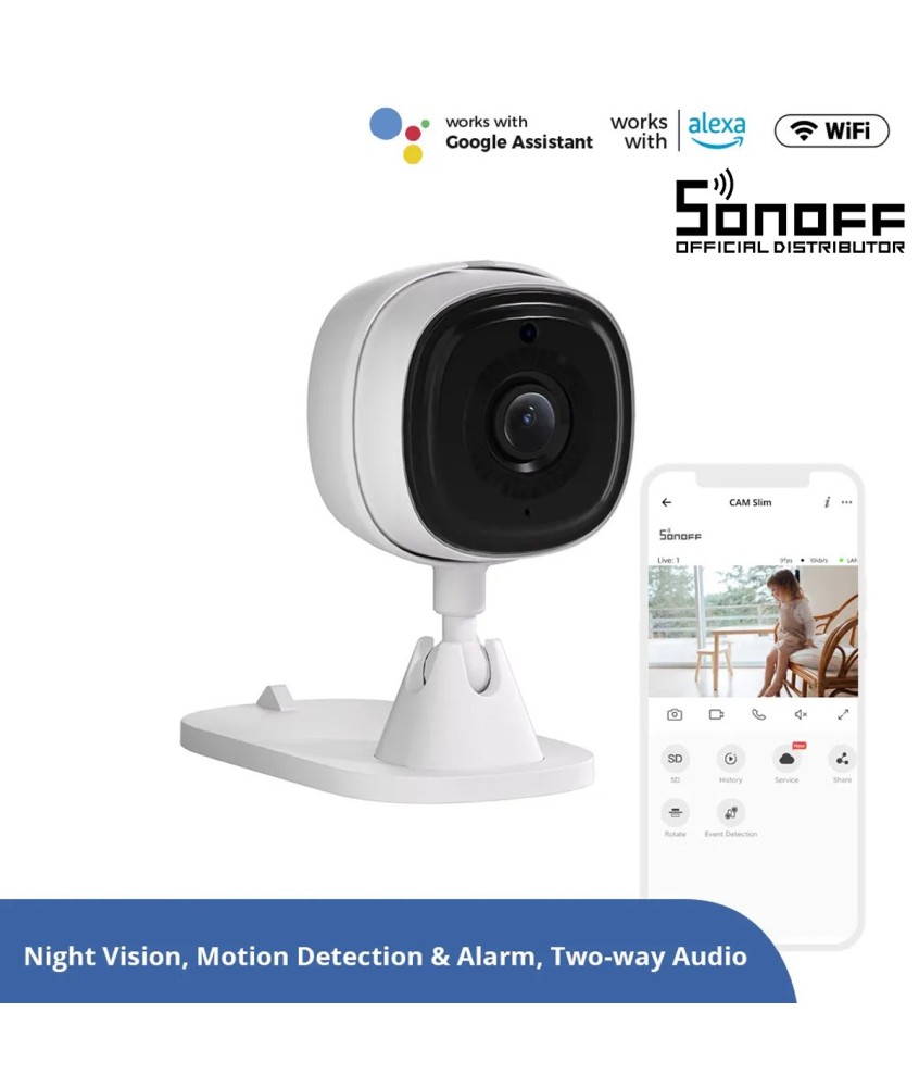 GloboStar® 80105 SONOFF S-CAM Slim Smart Home Security Camera WiFi 2.4GHz 1080P 130° Two Way Audio - Local & Cloud Storage - Nigh Vision - Motion Detection - Motion Alarm DC 5V 1A